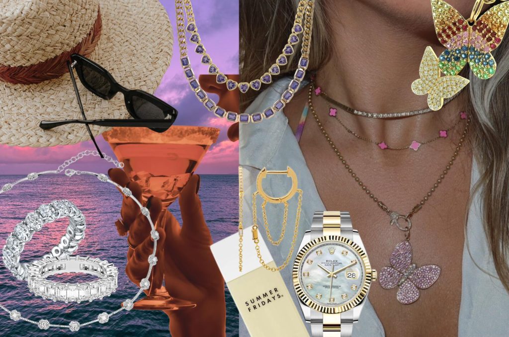Luxury jewelry collage featuring a Rolex watch, diamond rings, and butterfly pendants against a tropical Florida backdrop.